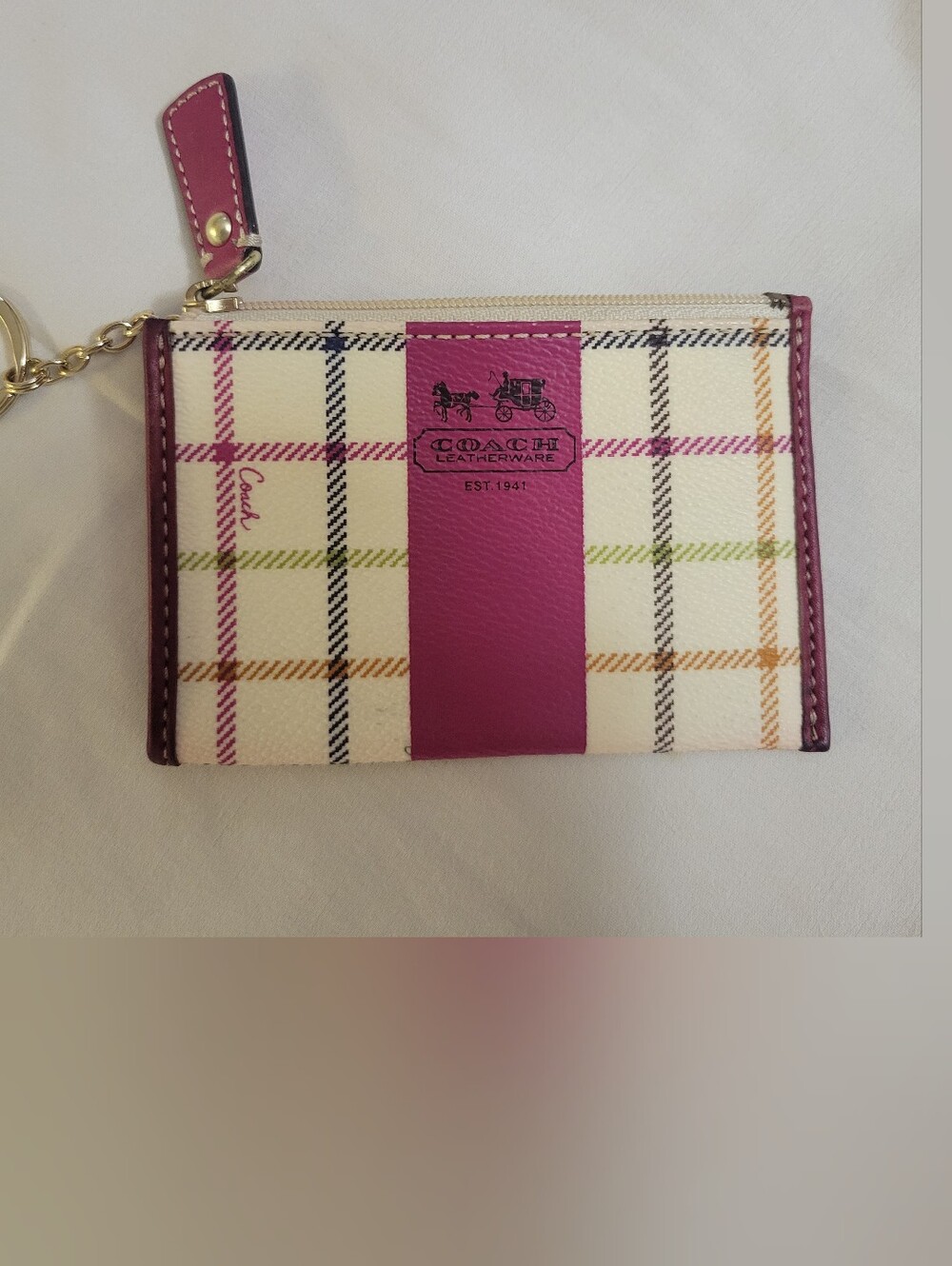 Vintage 2000s Coach Red Plaid Zip Card Case Keyring